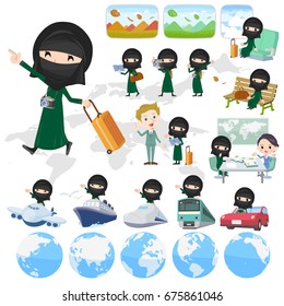 Set of various poses of Arab woman niqab Style travel