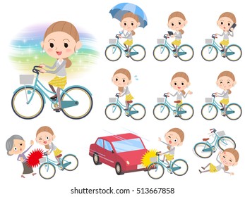 Set of various poses of Behind knot hair yellow skirt woman ride on city bicycle