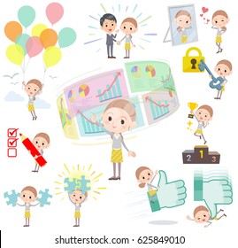 Set of various poses of Behind knot hair yellow skirt woman success & positive