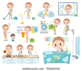 Set of various poses of Behind knot hair yellow wear women_Housekeeping