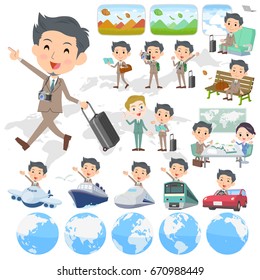 Set of various poses of Beige suit short hair beard man travel
