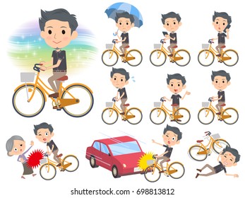 Set of various poses of Black shortsleeved shirt Short beard man, city bicycle
