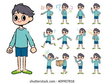 Set of various poses of blue clothing boy in hand painted