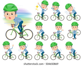 Set of various poses of Blue clothing glass dad on rode bicycle