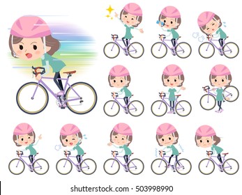 Set of various poses of Blue green wear Middle woman ride on rode bicycle