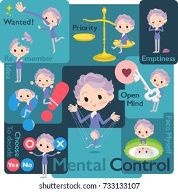 Set of various poses of blue one piece old women_Mental & volition
