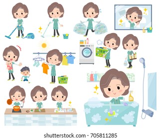 Set of various poses of Blue-green tunic Middle women_Housekeeping