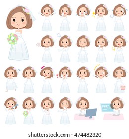 Set of various poses of Bob hair Wedding dress women