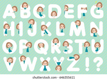 Set of various poses of Bob hair green dress woman A to Z