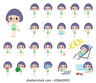 Set of various poses of Bobbed Glasses girl green Swimwear style