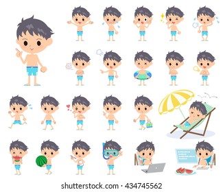 Set of various poses of boy blue Swimwear style