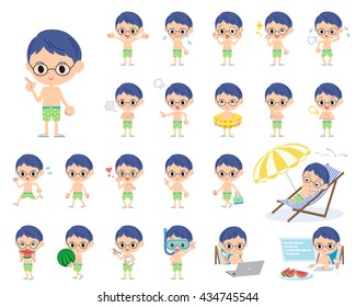 Set of various poses of boy Green Swimwear style