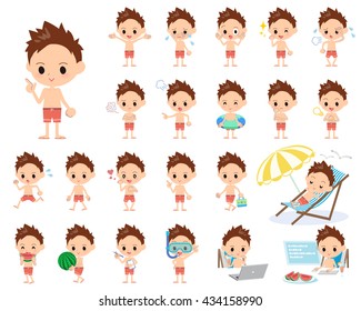 Set of various poses of boy red Swimwear style