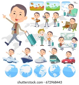 Set of various poses of Brown high neck Middle aged man travel