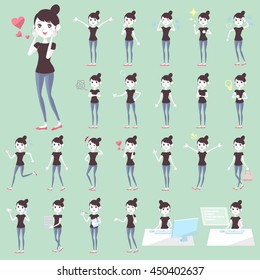 Set of various poses of Bun hair mom Pants style smart type