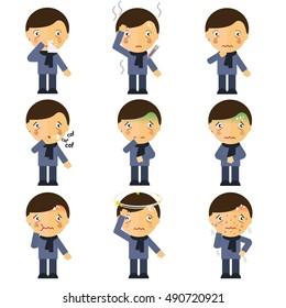 Set of various poses of cartoon man style about the sickness. Man in different positions with a poor health.  Vector illustration in the flat style.