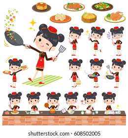 Set Of Various Poses Of Chinese Ethnic Clothing Woman Cooking