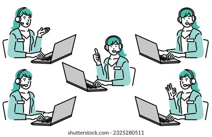 Set of various poses of customer service female employee, business woman wearing headset. Consultant wearing a headset.