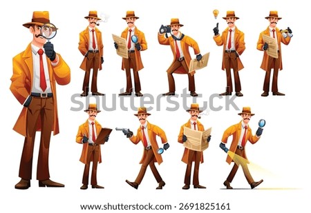 Set of various poses of a detective character in a long coat. Vector cartoon illustration