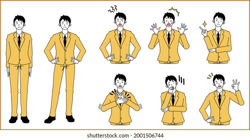 set of various poses and facial expressions of a man in a suit