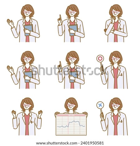 A set of various poses and facial expressions of a female doctor wearing a white coat and glasses
