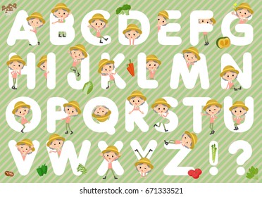 Set of various poses of farmer worker old woman A to Z
