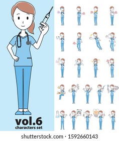 Set of various poses of a female doctor wearing a blue scrub vol.