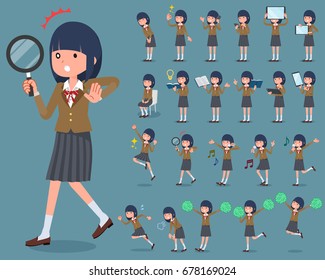 Set of various poses of flat type school girl Brown Blazer_2