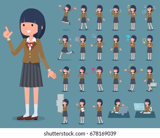 Set of various poses of flat type school girl Brown Blazer_1