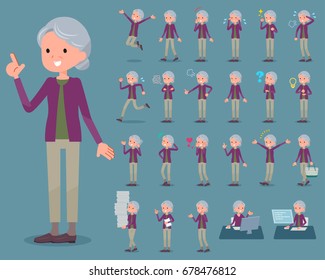 Set of various poses of flat type Purple clothes grandmother