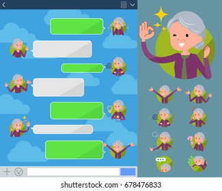 Set of various poses of flat type Purple clothes grandmother sns