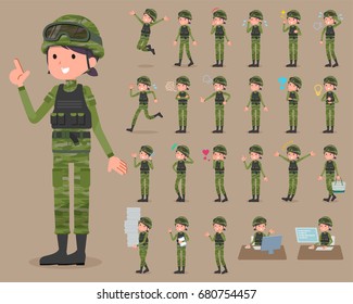 Set of various poses of flat type military wear woman_1