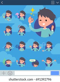 Set of various poses of flat type blue clothing boy sns