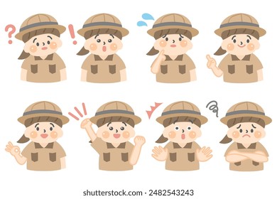 A set of various poses of a girl in an explorer costume.