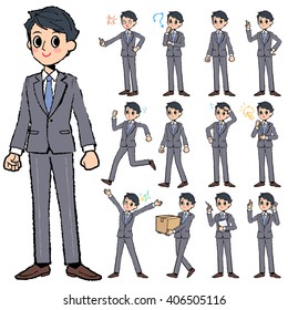 Set of various poses of Gray suit business man in hand painted