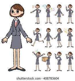 Set of various poses of Gray suit business woman in hand painted