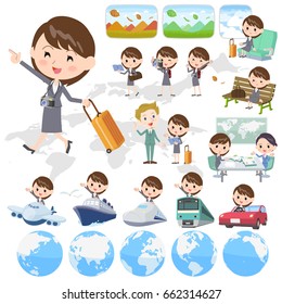 Set of various poses of Gray suit business woman travel