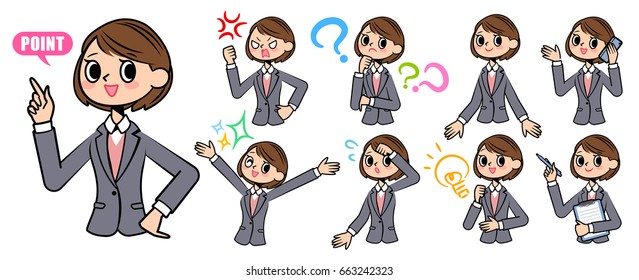 Set of various poses of Gray suit business woman smart