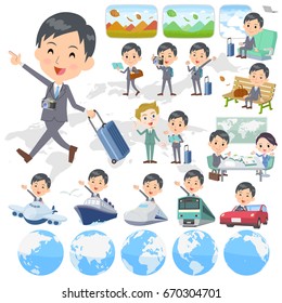 Set of various poses of Gray Suit Businessman travel