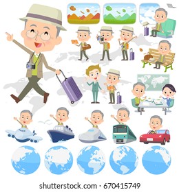 Set of various poses of Green jacket grandfather travel