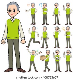 Set of various poses of Green vest grandfather in hand painted