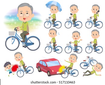 Set of various poses of Green vest grandfather ride on city bicycle