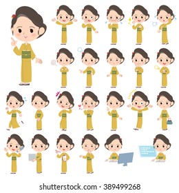 Set of various poses of kimono Yellow ocher women