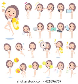 Set of various poses of Long hair woman High neck bikini Swimwear style 2