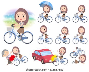 Set of various poses of Long hair border T shirt woman ride on city bicycle