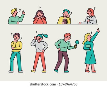 Un conjunto de diferentes poses de personas que buscan algo. diseño plano ilustración vectorial mínima