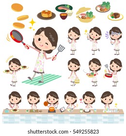 Set of various poses of Pink jacket Middle woman cooking