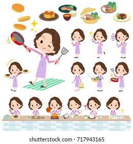 Set of various poses of Pink suit business middle aged women_cooking