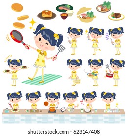 Set of various poses of Pop idol in yellow costume cooking