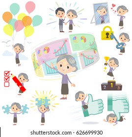 Set of various poses of Purple clothes grandmother success & positive